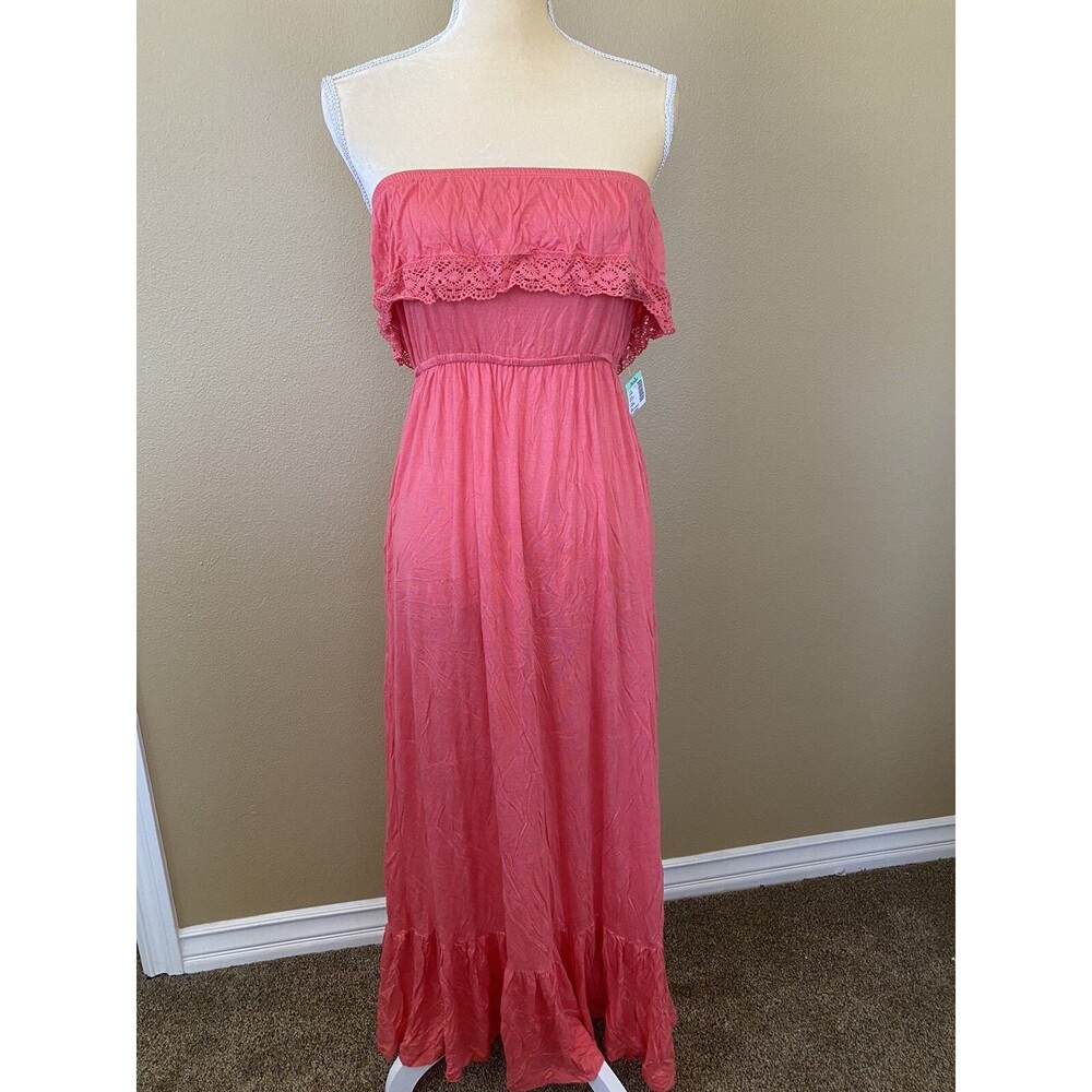 NWT Papaya Coral Strapless Maxi Dress With Ruffle And Embroidery SZ S